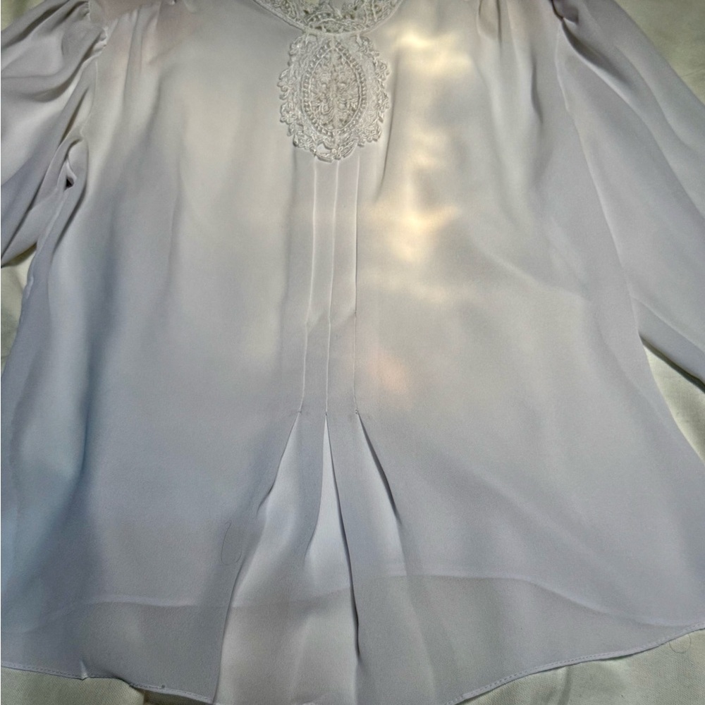 Vtg 1980 Sheer Ivory Blouse Lace Collar/Bib Front Victorian Revival Puff Sleeve